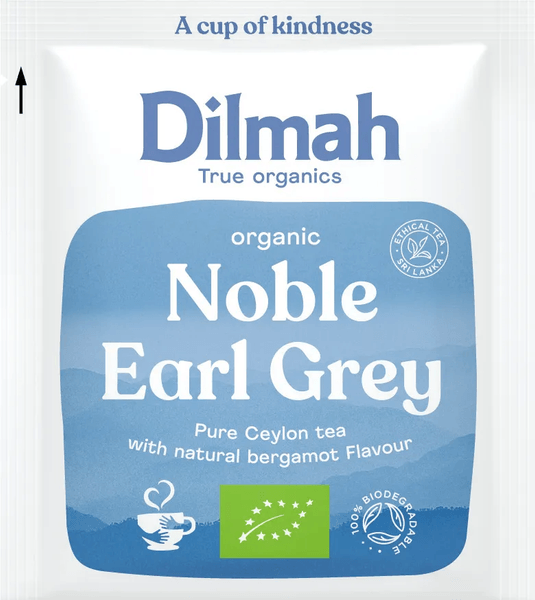 Dilmah Noble Earl Grey organic true organics tea in a white and blue resealable pouch with a green organic certification logo.