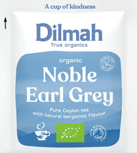 Dilmah Noble Earl Grey organic true organics tea in a white and blue resealable pouch with a green organic certification logo.