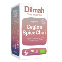 A box of Dilmah True Organics Organic Ceylon SpiceChai tea, shown at a three-quarter angle on a plain white background.