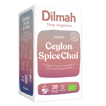 A box of Dilmah True Organics Organic Ceylon SpiceChai tea, shown at a three-quarter angle on a plain white background.