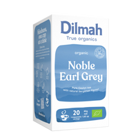 A box of Dilmah True Organics Noble Earl Grey tea, featuring a white and blue packaging design with a green organic badge, shown on a plain white background.